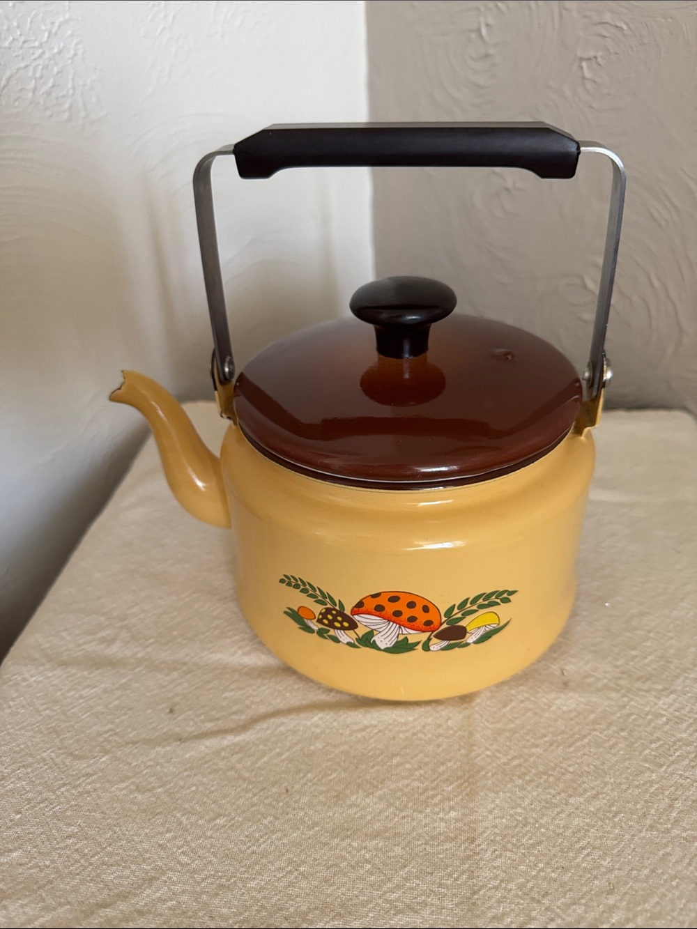 Sears Yellow Mushroom Motif Teapot with Brown Lid and Black Handle